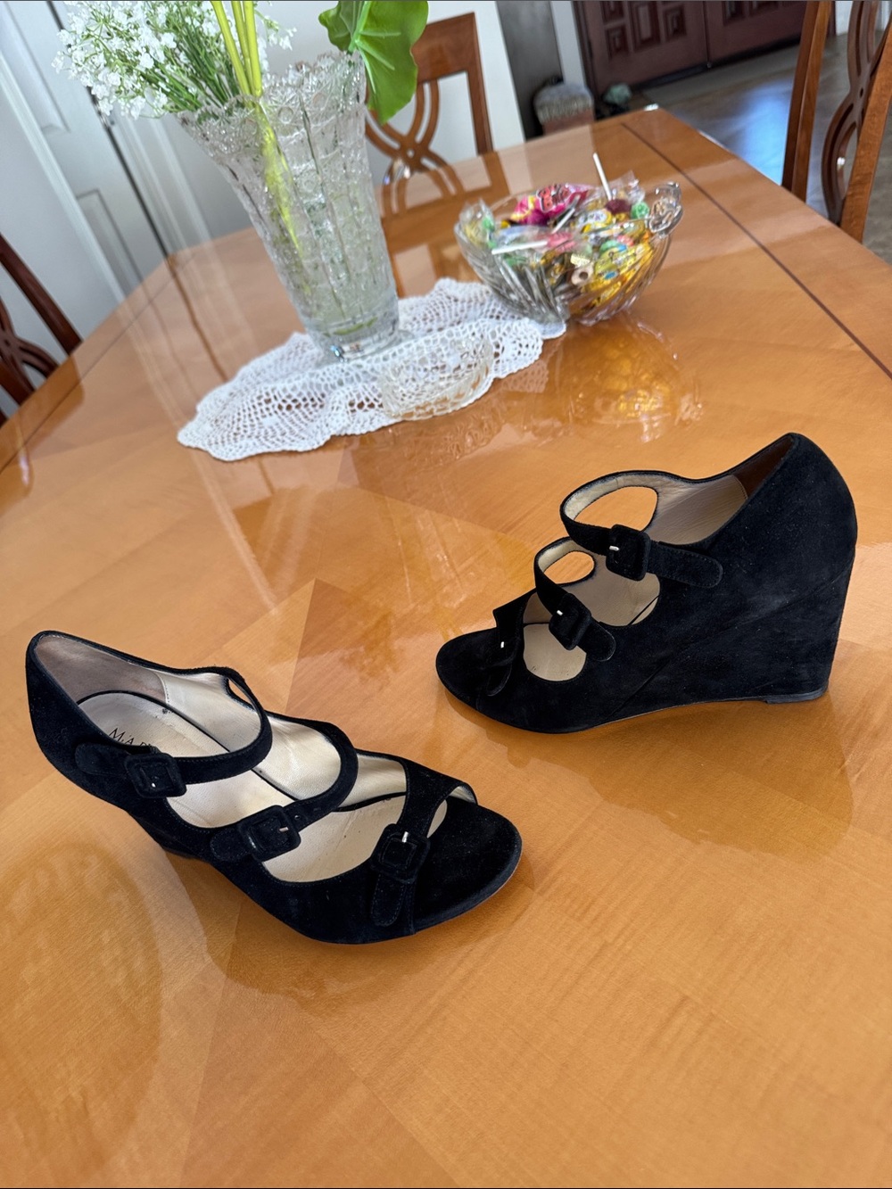 Marvin k  Black Suede Wedge Sandals with Buckle Straps - Women size 9,5
